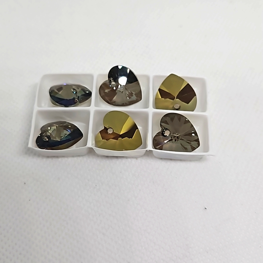 Six Swarovski Xilion Crystal Heart Pendants.  6228 - 14mm Iridescent Green
